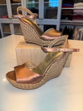 Stuart Weitzman Metallic Rose Gold Satin Wedge Espadrilles